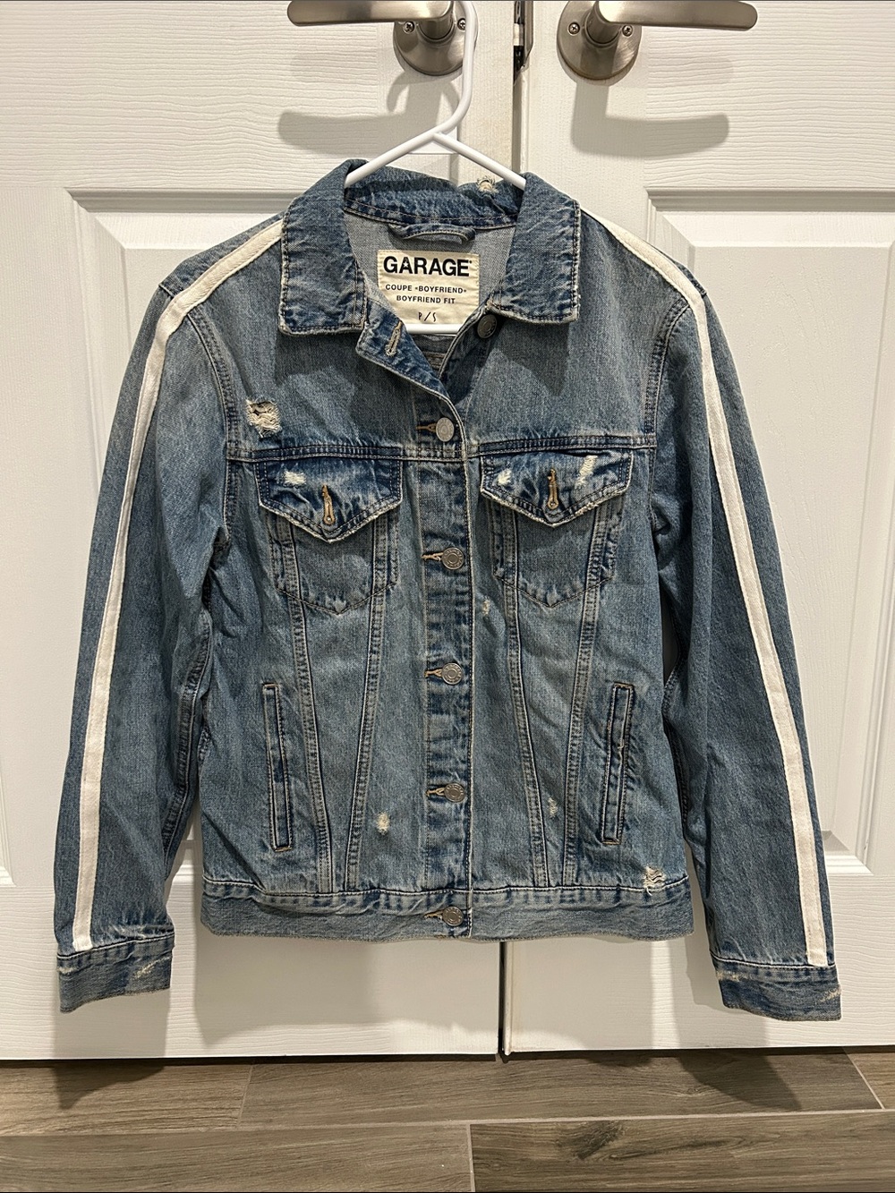 Garage Women's Blue Denim Jacket with White Sleeve Stripes
